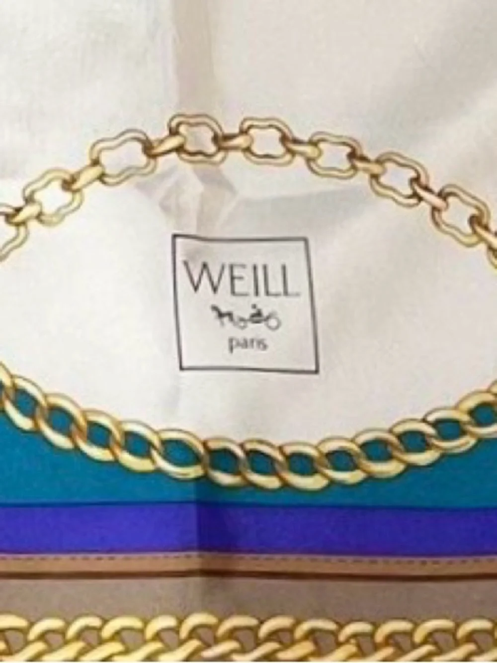 Weill Paris Vintage Silk Scarf with Carriage Chain Design Teal & Purple 34”x34”